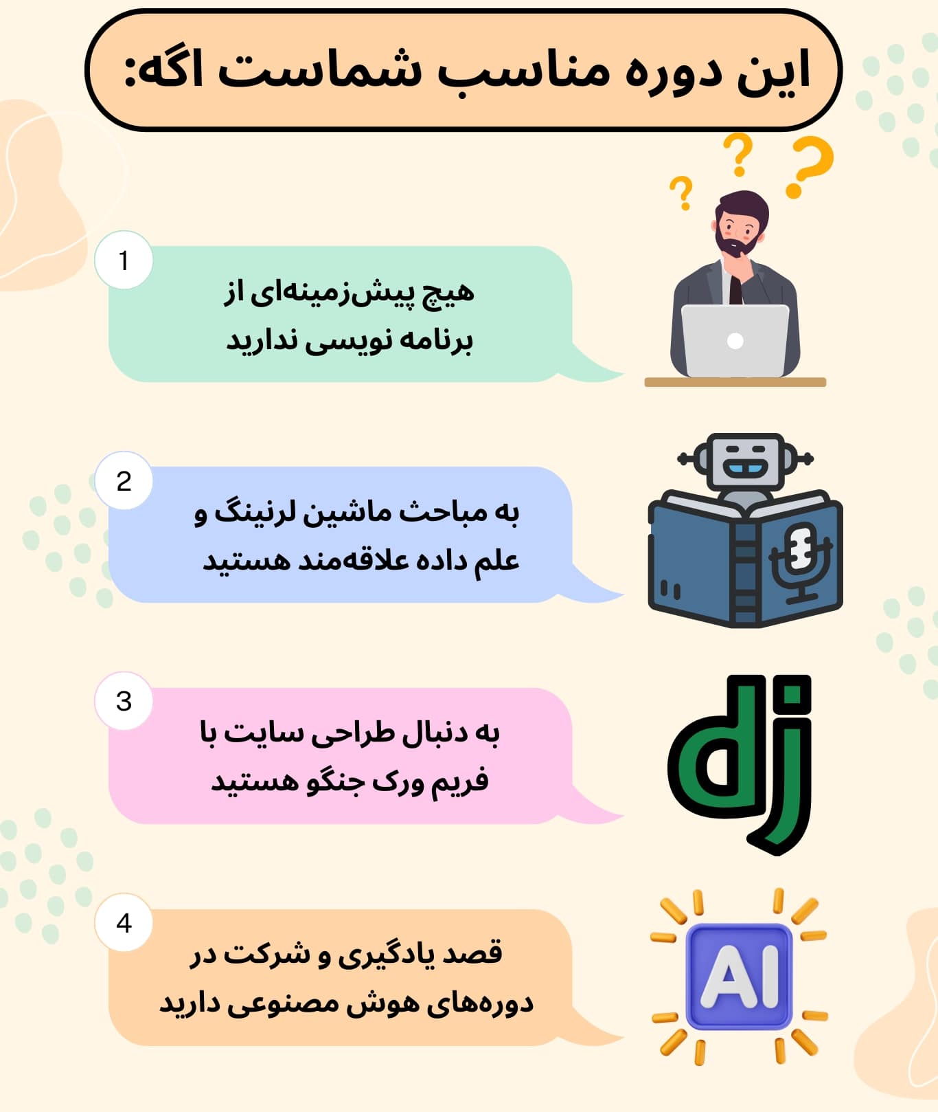 این دوره به کسانی که پیش‌زومینه‌ی برنامه نویسی ندارند و به ماشین لرنینگ، هوش مصنوعی و جنگو علاقه دارند پیشنهاد میشه.